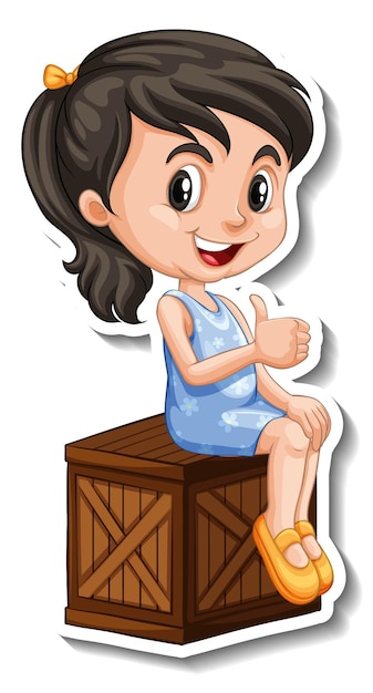 Bezpłatny wektor Śliczna dziewczyna siedzi na postaci z kreskówek w drewnianym pudełku