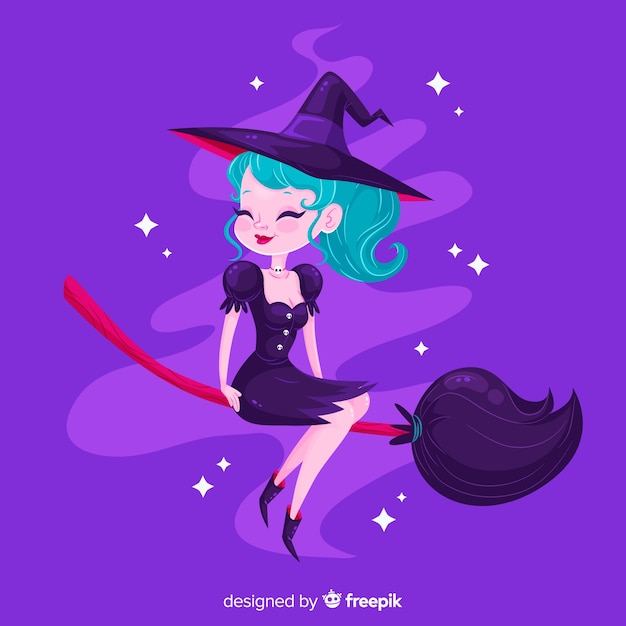 Bezpłatny wektor Śliczna halloween czarownica na miotle