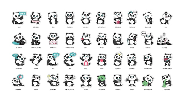 Śliczna kolekcja naklejek panda w różnych pozach różnych nastrojach ilustracji wektorowych