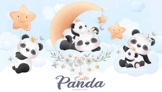 Śliczna Mała Panda Z Zestawem Ilustracji Akwarela