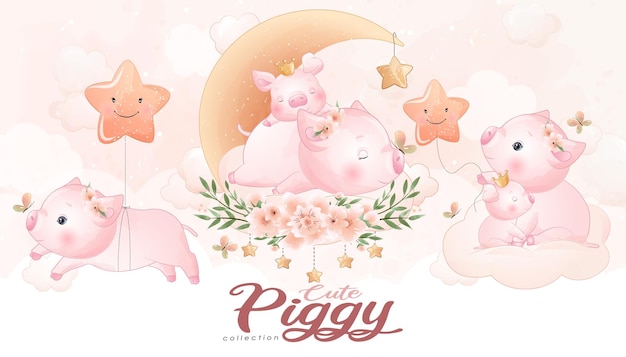 Śliczna mała świnka z zestawem ilustracji akwarela