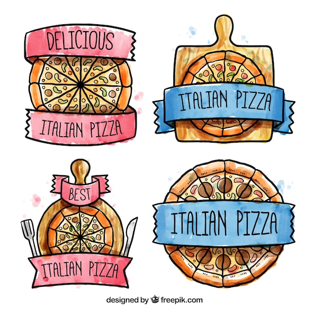 Bezpłatny wektor Śliczne etykiety do pizzy ręcznie malowane
