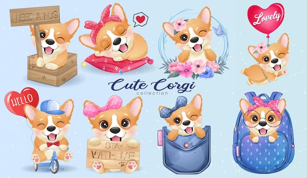 Bezpłatny wektor Śliczne małe życie corgi z zestawem ilustracji akwarela