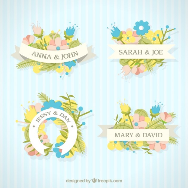 Bezpłatny wektor Śliczne ślubne etykiety z kwiatami i wstążkami