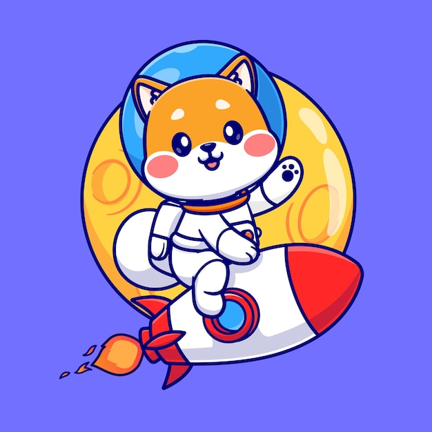 Śliczny Astronauta Shiba Inu Jedzie Rakietą W Przestrzeni Księżyca Kreskówka Wektor Ikona Ilustracja Nauka Zwierzę