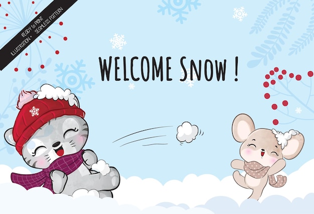 Bezpłatny wektor Śliczny kot z małą myszką szczęśliwą na ilustracji śniegu - ilustracja tła