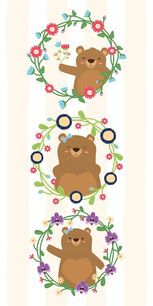 Bezpłatny wektor Śliczny niedźwiedzia wianku kwiatu set niedźwiadkowa mama w kwiat ramach ilustracyjnych