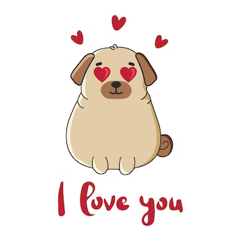 Śliczny pies rasy mops napis kocham cię happy valentines day