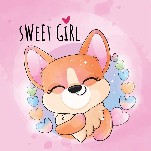 Śliczny szczeniak zwierząt z ilustracją kształtu miłości - Śliczna zwierzęca akwarelowa postać corgi