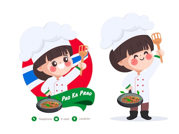 Bezpłatny wektor Śliczny szef kuchni gotuje tajskie jedzenie znak z pad ka prao najlepszej jakości ręcznie rysowane kreskówka wektor