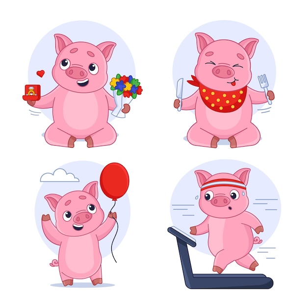 Bezpłatny wektor słodka animowana świnia proponuje małżeństwo biegając na bieżni i jedząc patrząc na zestaw balonów
