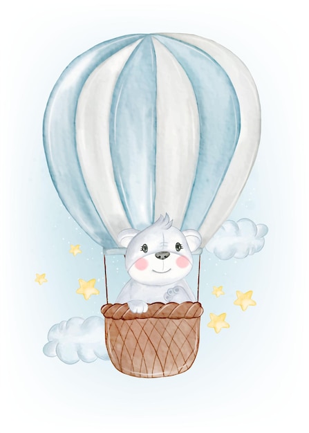 Bezpłatny wektor słodka mała koala z balonem powietrznym w akwareli na niebie
