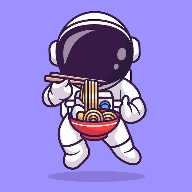 Bezpłatny wektor słodki astronauta je makaron ramen z copstick kreskówka wektor ikona ilustracja nauka ikona jedzenia