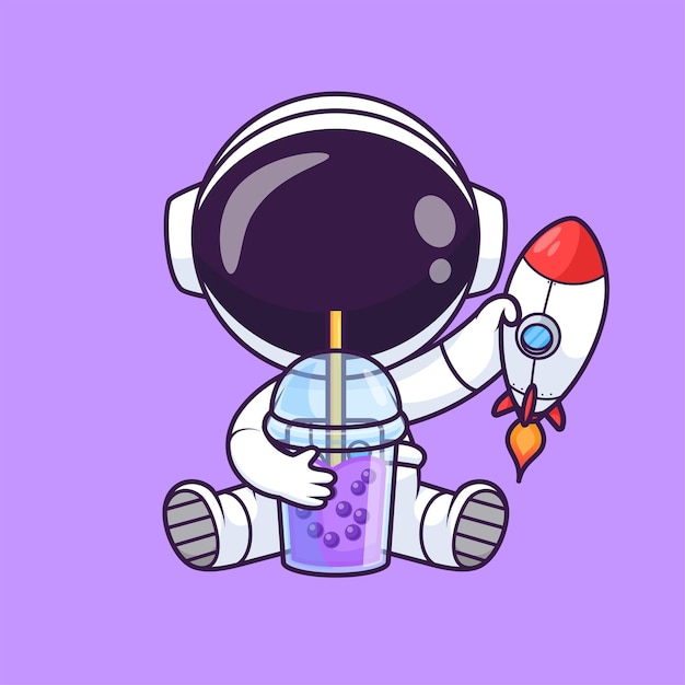 Bezpłatny wektor słodki astronauta pijący herbatę z mlekiem boba z rakietą rysunek wektorowy ilustracja naukowy napój