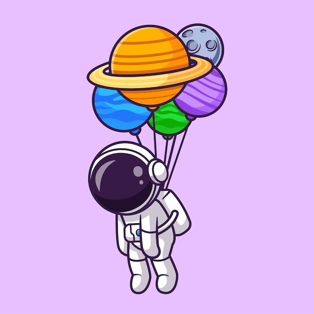 Słodki astronauta pływający z planetą balon kreskówka wektor ikona ilustracja nauka technologia