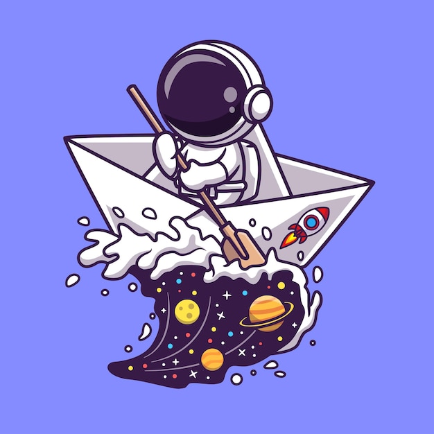Bezpłatny wektor słodki astronauta wiosłujący papierowa łódź w fali kosmicznej rysunek wektorowy ilustracja nauka sport płaski