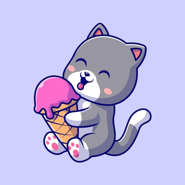 Słodki Kot Jedzący Lody Kreskówka Wektor Ilustracja