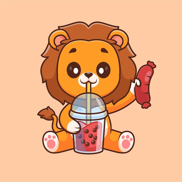 Bezpłatny wektor słodki lew pije herbatę z mlekiem boba z kiełbasą ilustracja ikony wektorowej animacji pij odizolowany