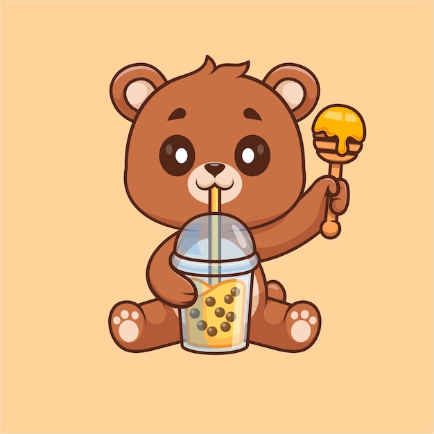 Bezpłatny wektor słodki niedźwiedź pijący herbatę z mlekiem boba z miodem ilustracja ikony wektorowej animalne napoje izolowane
