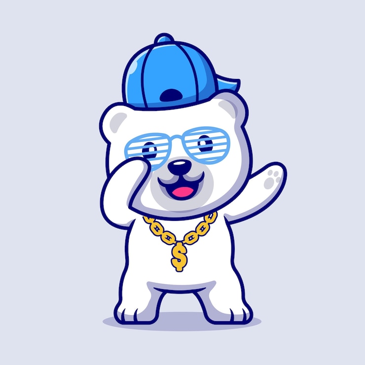 Bezpłatny plik Wektor słodki niedźwiedź polarny swag z kapeluszem i złotym łańcuchem naszyjnik ilustracja kreskówka. płaski styl kreskówki