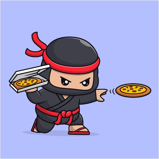 Bezpłatny wektor słodki ninja rzuca pizzą shuriken rysunek wektorowy ilustracja ludzie jedzenie ikona koncepcja izolowana