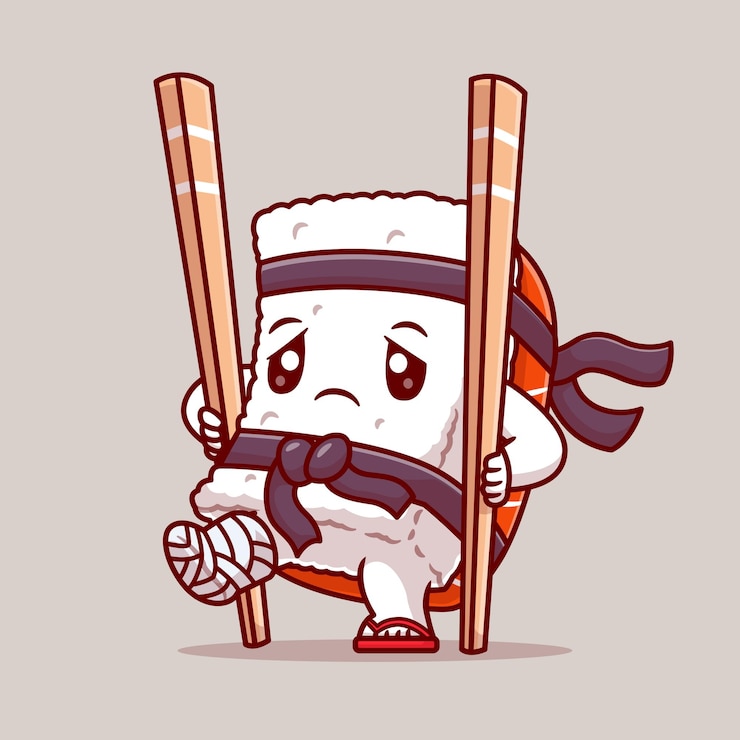 Bezpłatny plik Wektor słodki ninja sushi ranny pałeczką do jedzenia ilustracja ikony wektorowej z kreskówek