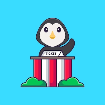 Słodki pingwin jest posiadaczem biletów. koncepcja kreskówka zwierzę na białym tle. płaski styl kreskówki