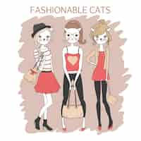 Bezpłatny wektor słodkie dziewczyny mody koty kolorowych ilustracji wektorowych