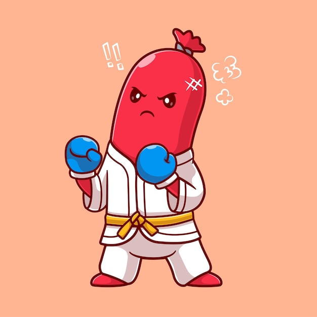 Bezpłatny wektor słodkie kiełbasa hotdog boks karate kreskówka wektor ikona ilustracja. jedzenie sport ikona koncepcja na białym tle