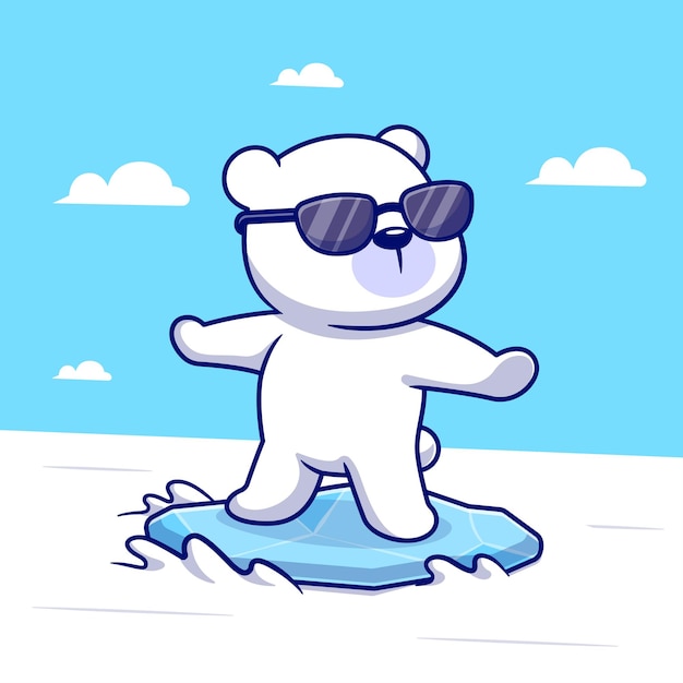 Bezpłatny wektor słodkie niedźwiedzie polarne surfing kreskówka wektor ikona ilustracja. zwierzę sport ikona koncepcja białym tle premium wektor. płaski styl kreskówki