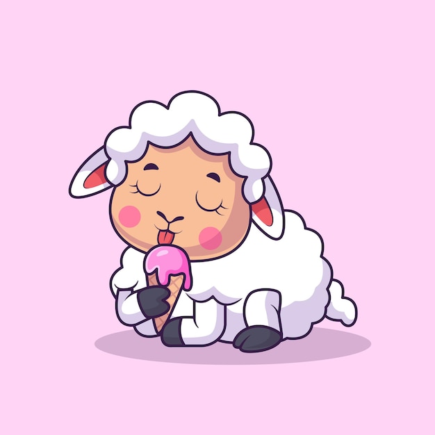 Bezpłatny wektor słodkie owce jedzące lody stożek rysunkowy wektorowy ikona ilustracja ikona żywności dla zwierząt izolowana płaska