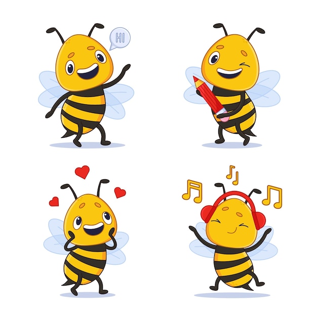 Bezpłatny wektor słodkie pszczoły z kreskówek słuchające muzyki na słuchawkach, mówiące „cześć”, trzymające zestaw ołówków