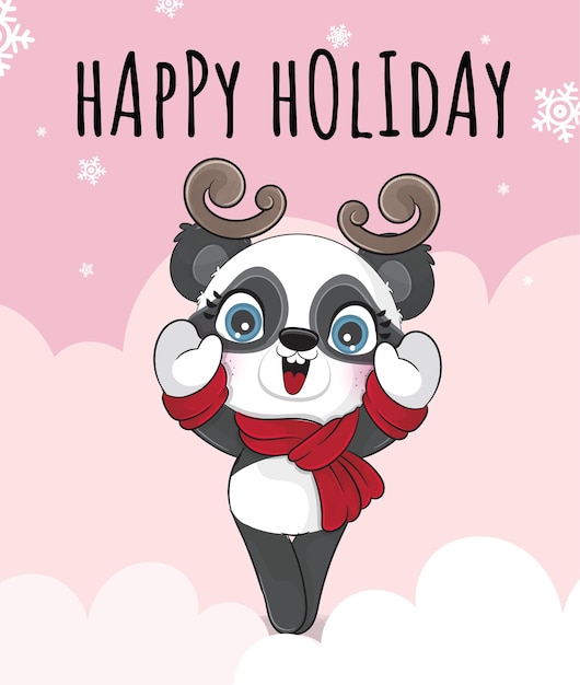 Bezpłatny wektor słodkie zwierzę mała panda szczęśliwy grudnia na ilustracji śniegu. słodkie zwierzę akwarela panda
