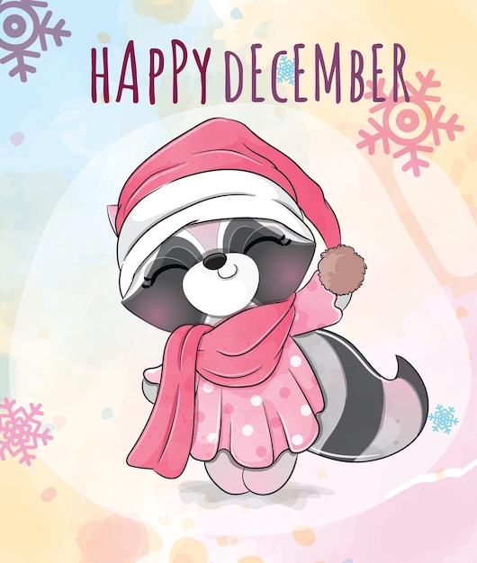 Bezpłatny wektor słodkie zwierzę mały szop pracz szczęśliwy grudnia na ilustracji śniegu. słodkie zwierzę akwarela szop pracz