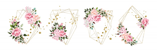Ślub Kwiatowy Złote Geometryczne Trójkątne Ramki Z Różowe Kwiaty Róż I Zielonych Liści Na Białym Tle