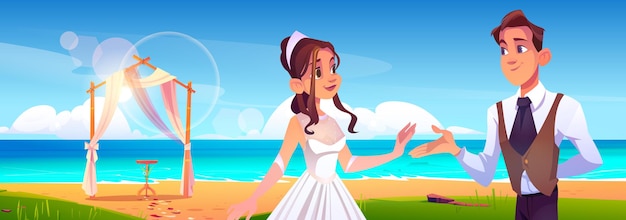 Ślub na plaży z parą nowożeńców, kwiatowy łuk na brzegu morza. Wektor kreskówka krajobraz tropikalnego wybrzeża oceanu z dekoracją na uroczystość małżeństwa, panny młodej i pana młodego