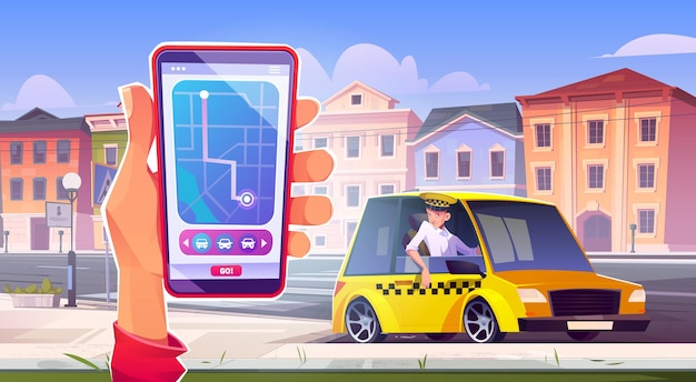 Smartfon Z Aplikacją Mobilną Taxi W Dłoni żółta Kabina
