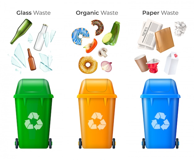 Śmieci i recykling zestaw ze szkła i odpadów organicznych realistyczne na białym tle