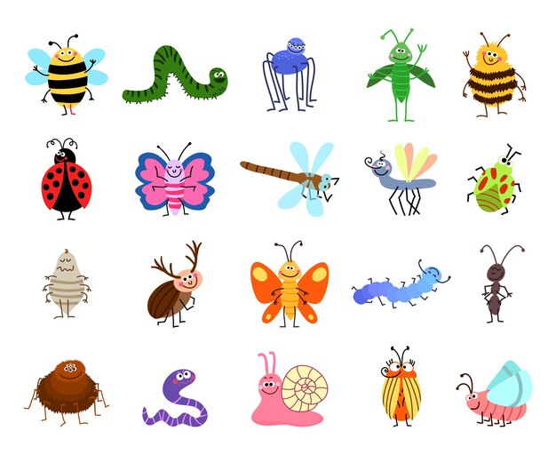 Śmieszne błędy. śliczne błędy i owady na białym tle. Zestaw znaków owadów pszczoła i gąsienica, pająk i motyl ilustracja