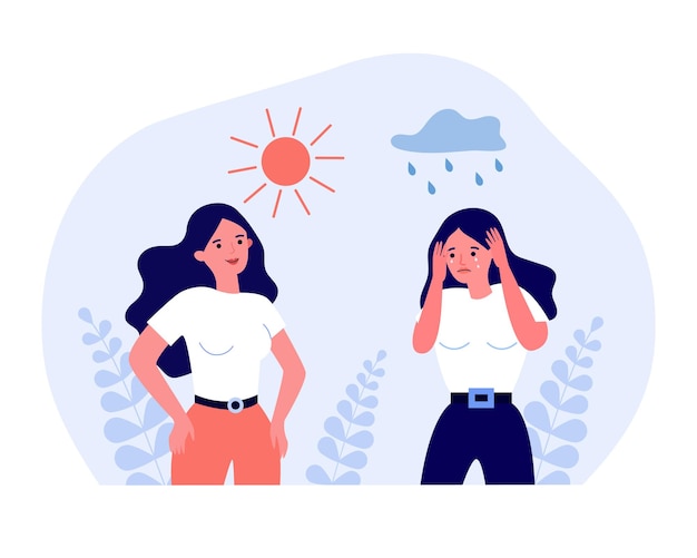Smutna dziewczyna stoi w deszczu, uśmiechając się pod słońcem. negatywne i pozytywne emocje ilustracji wektorowych płaski kobieta. zdrowie psychiczne, koncepcja psychologii dla banera, projektu strony internetowej lub strony docelowej