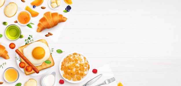 Bezpłatny wektor Śniadanie realistyczna kompozycja na białym tle z widokiem z góry tosty z rogalika miodowego i ilustracji wektorowych płatki kukurydziane