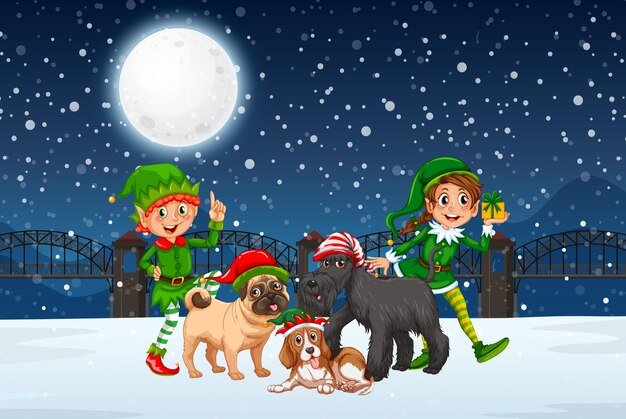 Bezpłatny wektor Śnieżna zimowa noc ze świątecznym elfem i wieloma psami