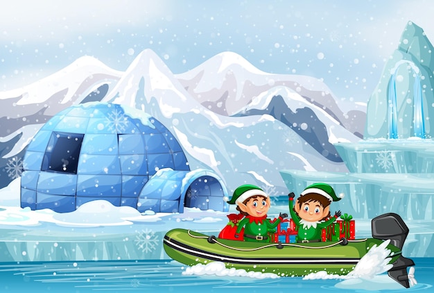 Bezpłatny wektor Śnieżny dzień z uroczymi elfami dostarczającymi prezenty łodzią