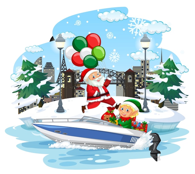 Bezpłatny wektor Śnieżny dzień ze świętym mikołajem dostarczającym prezenty łodzią
