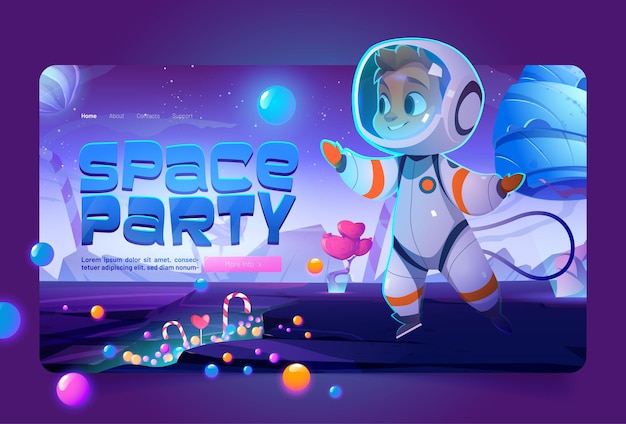 Space party banner z uroczym kosmitą w słodkim świecie. Wektor strona docelowa z ilustracja kreskówka krajobraz planety cukierków z karmelowymi drzewami, lizaki i astronauta szczęśliwy chłopiec w skafandrze kosmicznym