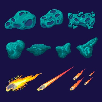 Spadające asteroidy i meteoryty ustawione. ilustracje wektorowe meteoroidów kosmicznych z efektami świetlnymi. kreskówka płonące komety, kamienne meteory z różnymi teksturami na białym tle. koncepcja obiektów gry