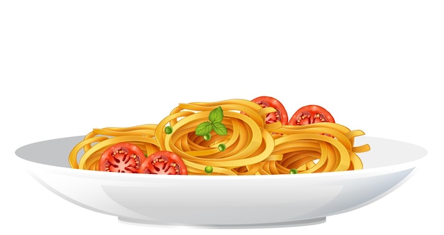 Spaghetti z pomidorami na białym tle