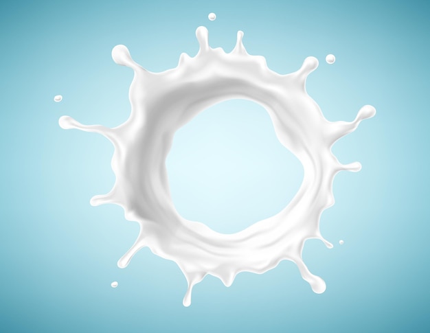 Splash mleka na białym tle na niebieskim tle. naturalny produkt mleczny, jogurt lub śmietanka w koronie z latającymi kroplami. realistyczna ilustracja wektorowa