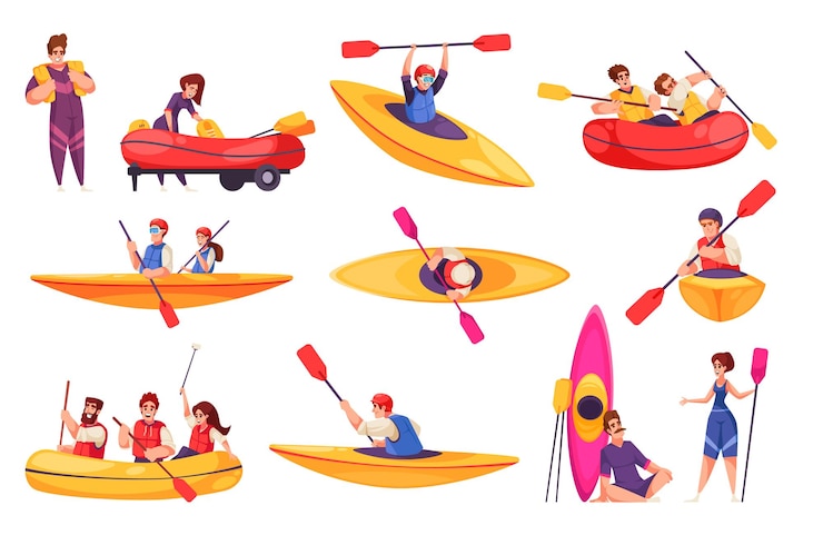 Bezpłatny plik Wektor spływ rzeką ikony kreskówka zestaw z ludźmi uprawiającymi ekstremalne sporty wodne na białym tle ilustracji wektorowych