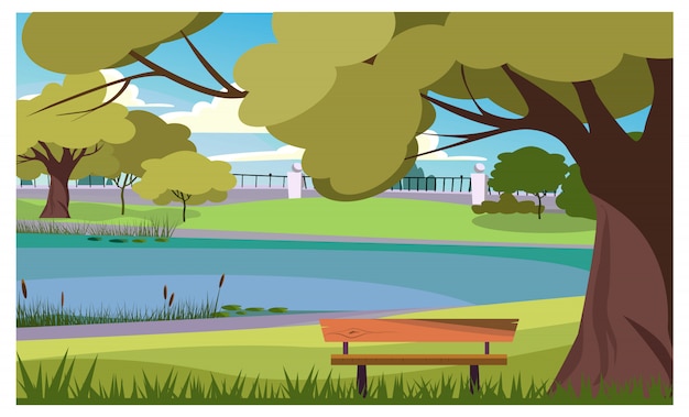 Bezpłatny wektor spokojny park z drewnianą ławką przy jeziorną ilustracją